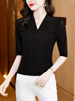 2024 New Arrival Half Sleeve T-Shirt Ladies Diamonds V Neck Waffle Mesh Tops Women's TShirts Female Summer Clothes 3
