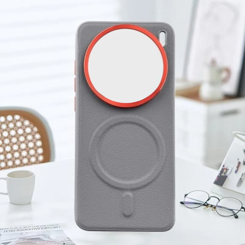 Sleek Magnetic Suction Leather Phone Case with Metal Lens Back Shell