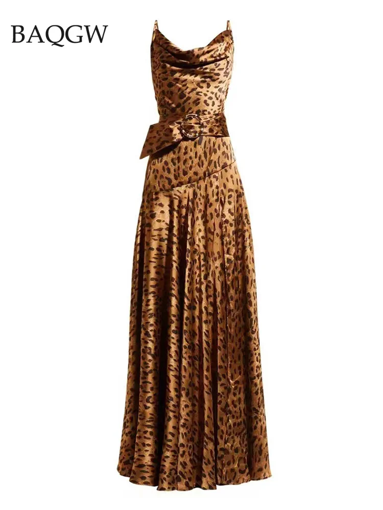 

Leopard Split Thigh Sexy Sling Dress for Women V Neck Sleeveless High Waist Colorblock Luxury Midi Dresses Female Clothing
