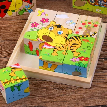 Baby Wooden Blocks Toys Children Six Side Cube Jigsaw Puzzles Game Animal Fruit Traffic Cognize Early Learning Educational Toys