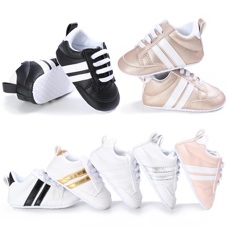 

Baby Shoes Newborn Boys Sneakers Two Stripes First Walkers Kids Toddlers Elastic Strap PU Leather Soft Sole Sneakers 0-18 Months