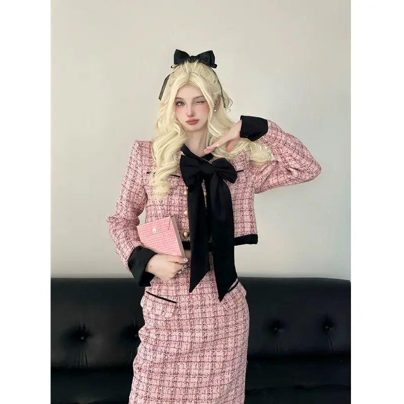 Conjunto de dos piezas elegante de moda coreana para otoño e invierno, chaqueta corta, abrigo, falda midi de cintura alta, conjuntos de lujo.