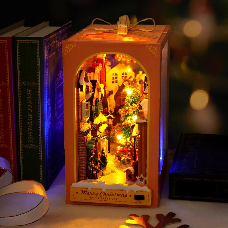 DIY Wooden Christmas Book Nook Shelf Insert Kit Miniature Building Kits Bookshelf With Lights Bookends for Adults Crafts Gifts 5