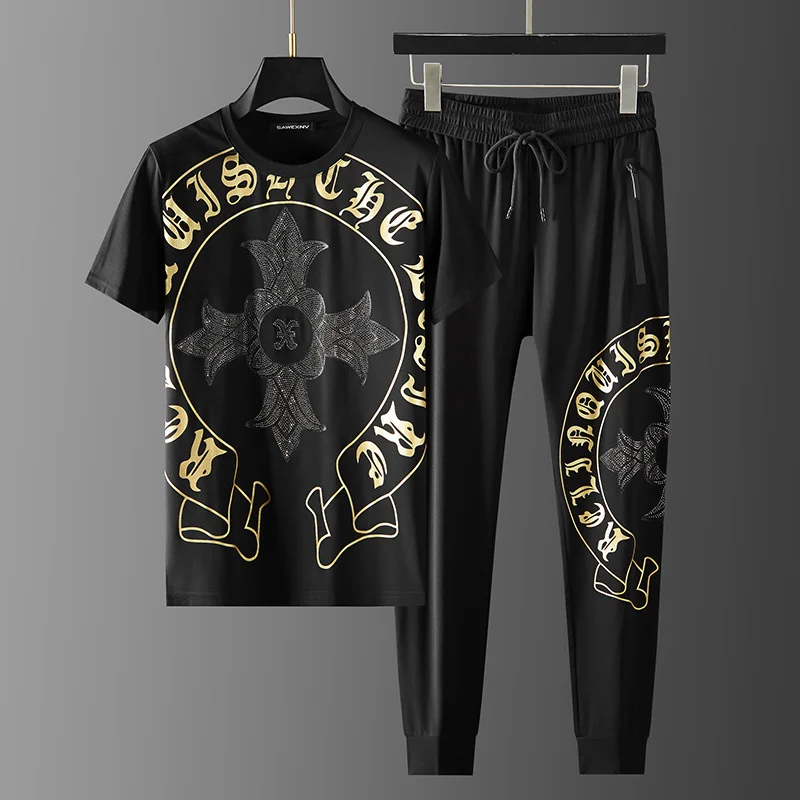 

Luxury brand Light luxury sports leisure suit men's summer thin fashion pants Sanskrit hot diamond high end Short Sleeve T-Shirt