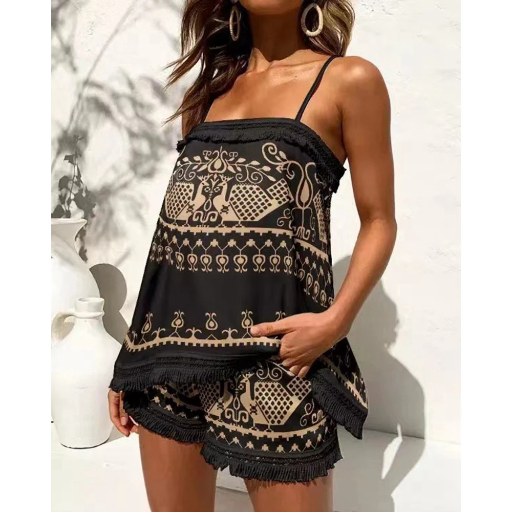 Vintage Women Retro Tribal Print Tassel Trim Cami Top & Shorts Set Casual Femme 2 Piece Cami Top Set Summer Daily Boho Vacation