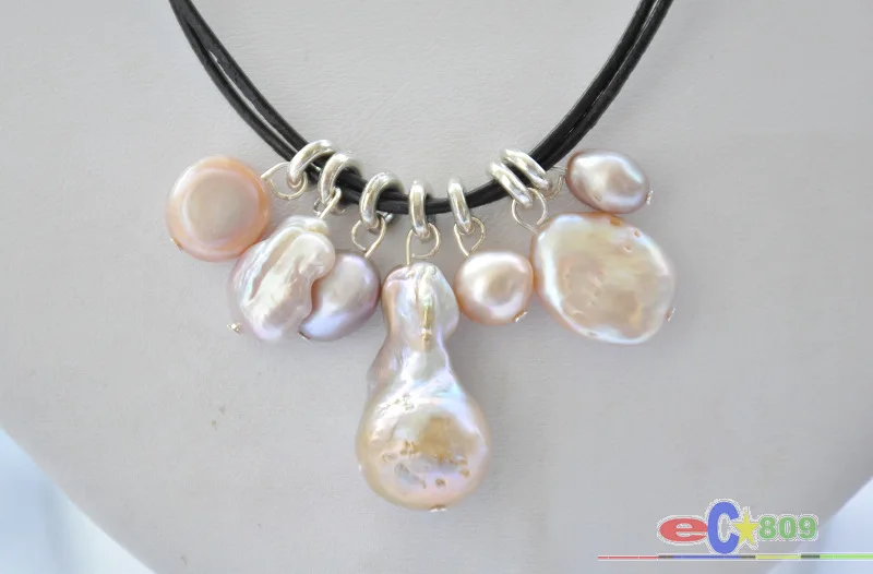 Elegant Baroque Keshi Reborn Pearl Pendant on Leather Chain - Multicolor
