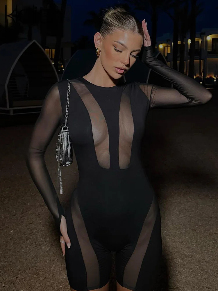 

KLALIEN Sexy See Through Party Night Playsuit Women Summer Black Long Sleeve Skinny Rompers Female One Piece Overalls Short