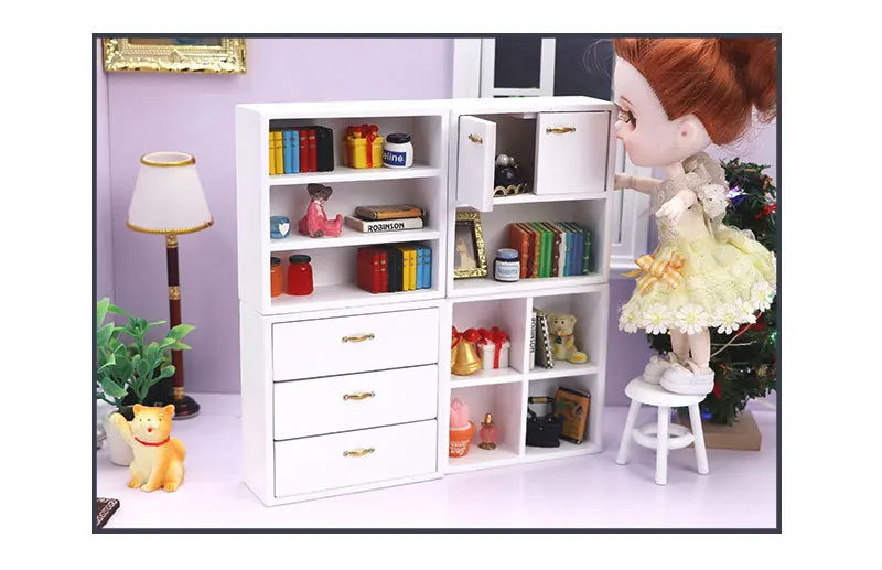 1:12 Dollhouse Miniature Cabinet Floor Shelf Bookcase Mini White Furniture Display Case Doll House Accessories Wooden Cupboard