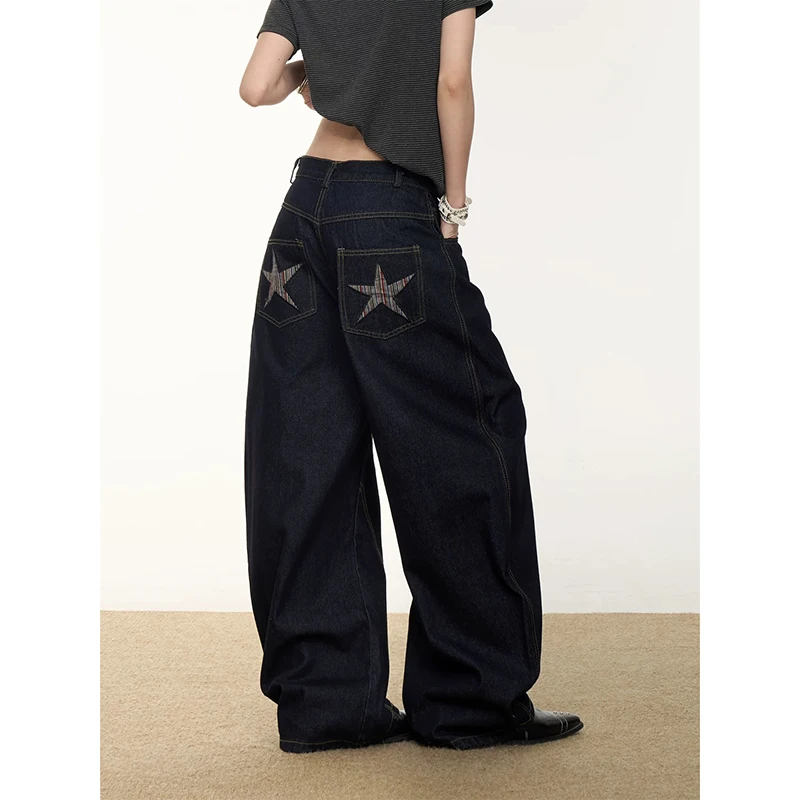 YIBASHU Women Vintage Baggy Black Star Jeans High Waist Denim Trousers 2000s Y2k Harajuku Aesthetic Wide Pants Trashy Clothes 4