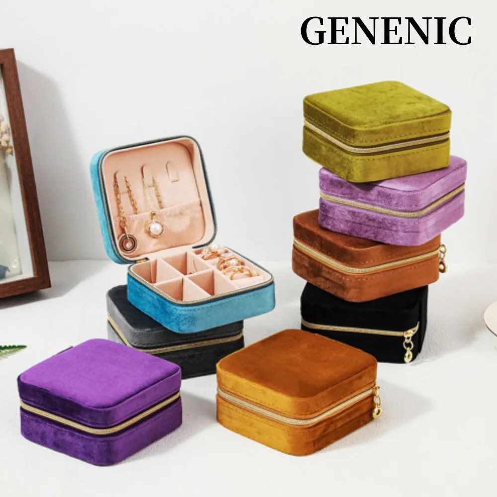 Plush Velvet Jewelry Box for Women Necklace Ring Earrings Organizer Holder Travel Portable Zipper Square Jewelry Storage Case jewelry box