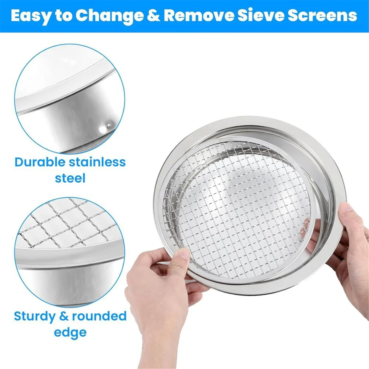 XMLX Soil Sifter Riddle Sieve Set for Gardening with 5 Sizes 8 Inch Diameter 1/3/6/9/12mm Interchangeable Meshe