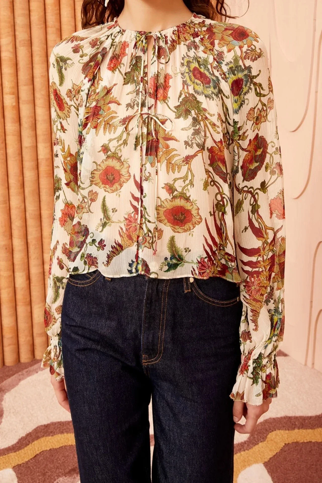 

Женская винтажная блузка из чистого шелка, блузка с длинным рукавом-бабочкой, рюшами и цветочным принтом, лето 2024
