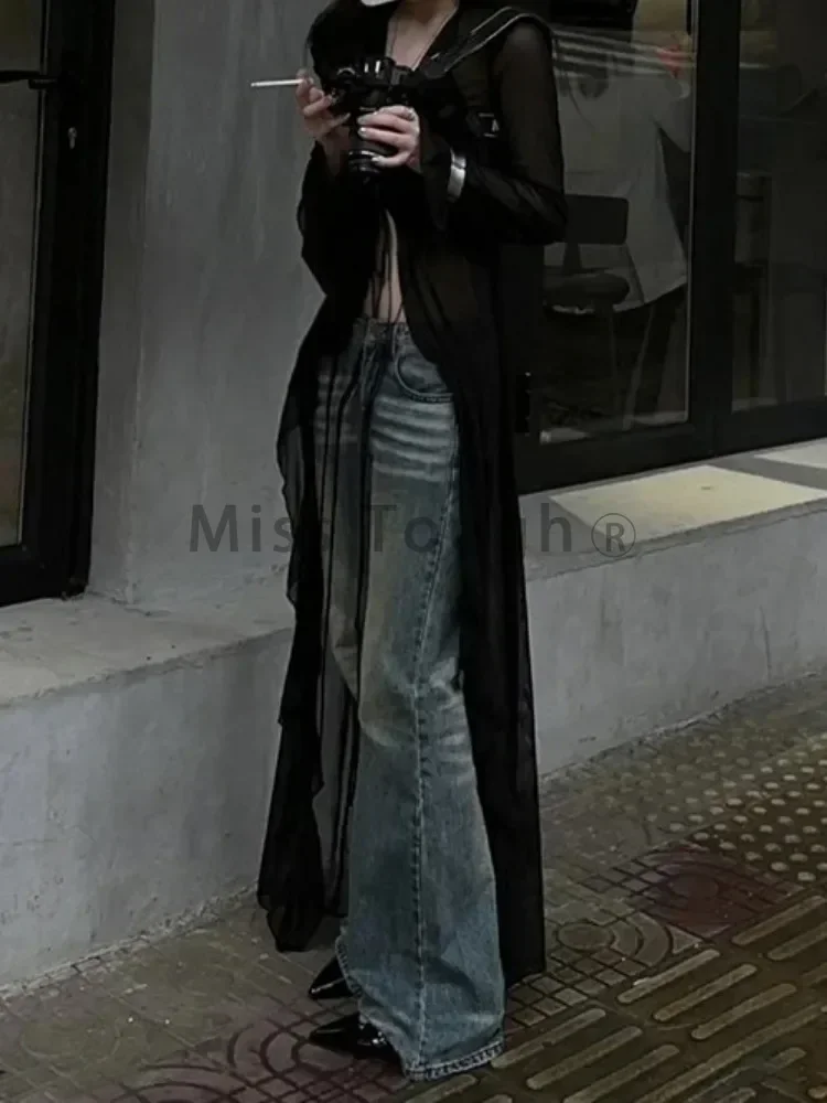 Vintage Y2k Black See Through Long Cardigan Women Sexy Grunge V-neck Streetwear Tops Summer Chic Aesthetic Bandage Slim Blouse 2