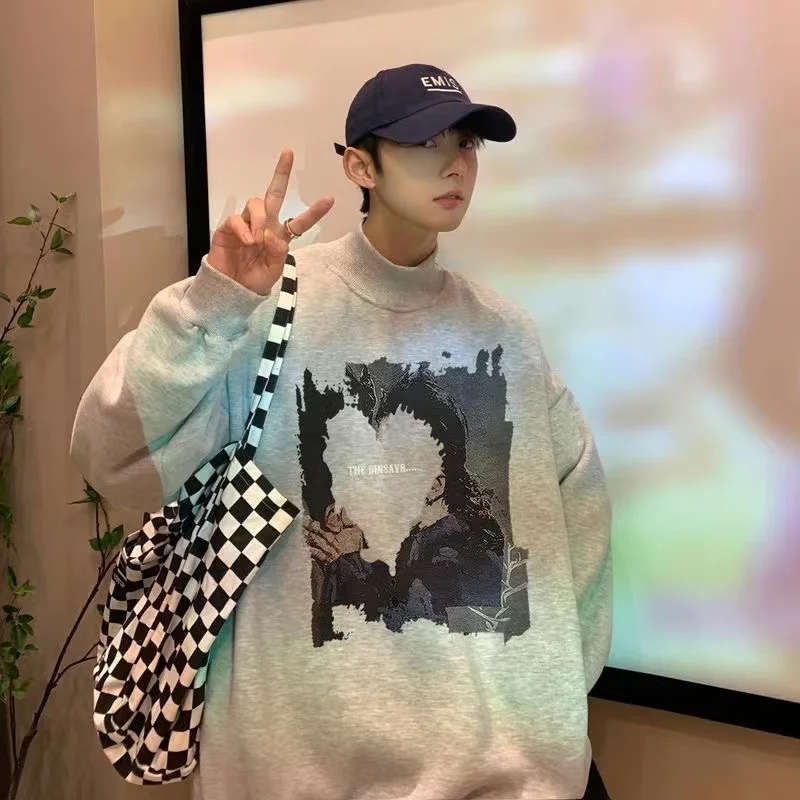 

2022 Men's Half High Collar Thicken Plush Hoodies In Warm Fashion Sweatshirts Printing Pattern Coats Streetwear Vintage Pullover