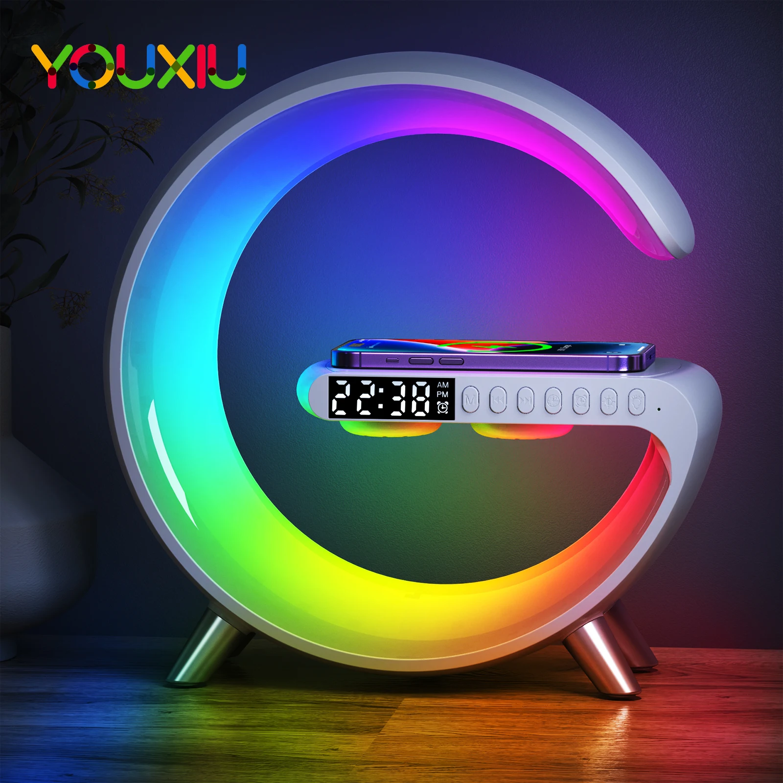 

15W Alarm Clock Wireless Charger Bluetooth Speaker Multifunctional APP Control RGB Atmosphere Night Light Fast Charging Station