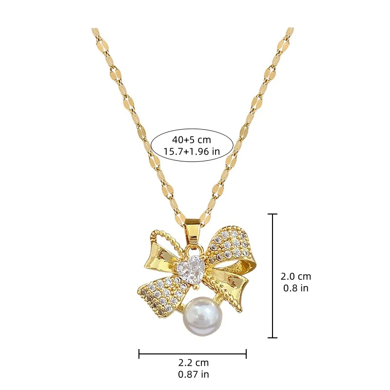 Orecchini con collana con fiocco in acciaio inossidabile con perle micro-intarsiate di personalà classica Set regalo di accessori da sera per ragazze alla moda