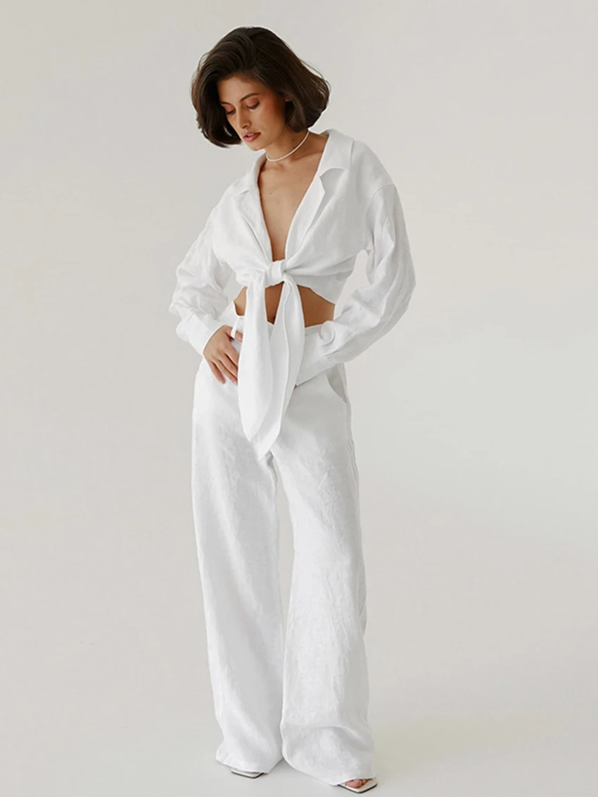

Marthaqiqi Sexy Ladies Nightgowns Set Turn-Down Collar Sleepwear Lace Up Pajama Long Sleeve Nightwear Pants Female Nightie Suits
