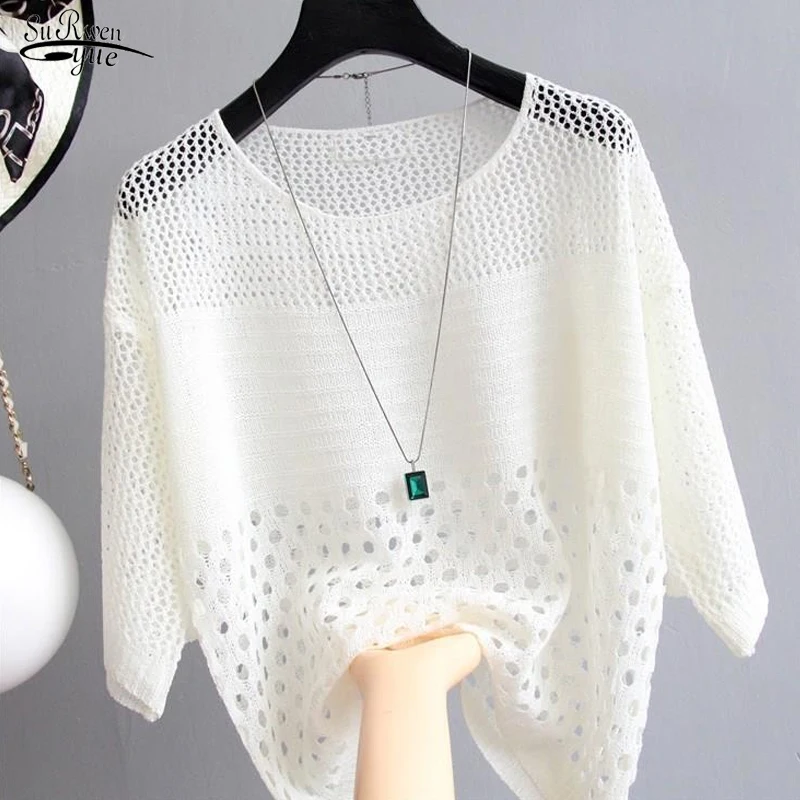 

Hollow Out Thin Casual Knitted Blouse Women Summer Ice Silk White Shirts Women O Neck Bottoming Office Lady Tops Blusas 13686