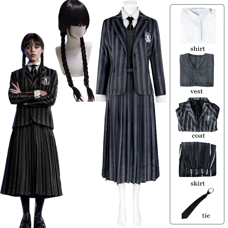 

Wednesday Addams Cosplay Jenna Ortega Cosplay Costume Nevermore Academy Uniform Full Set Black Wig Halloween Costumes for Women