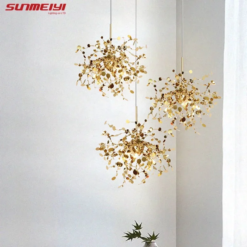 

Nordic Personality Stainless Steel Chrome Leaf LED Chandelier Living Room Lamp Bar Table Lamp Dining Room