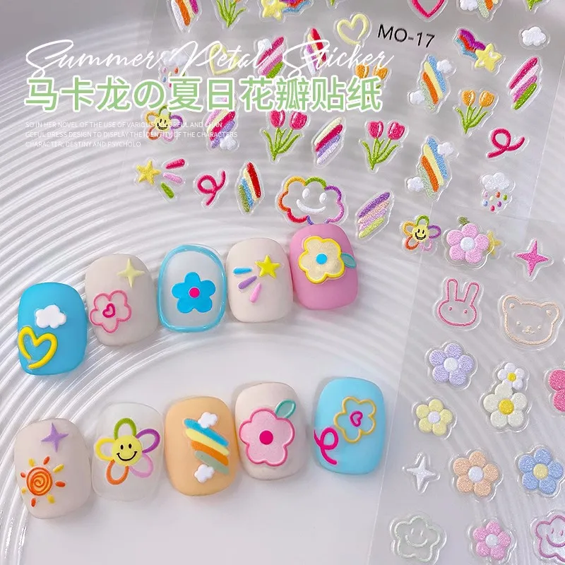 

5D Macaron Flower Embossed Nail Sticker Fresh Candy Petal Butterfly Love Adhesive Decals Self-adhesive Summer Manicure Sliders