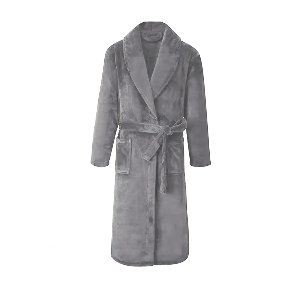 Bath Robe Lapel Long Sleeve Solid Color Knee-Length Bathrobe With Belt Pockets Flannel Thicken Soft Loungewear Nightwear Winter