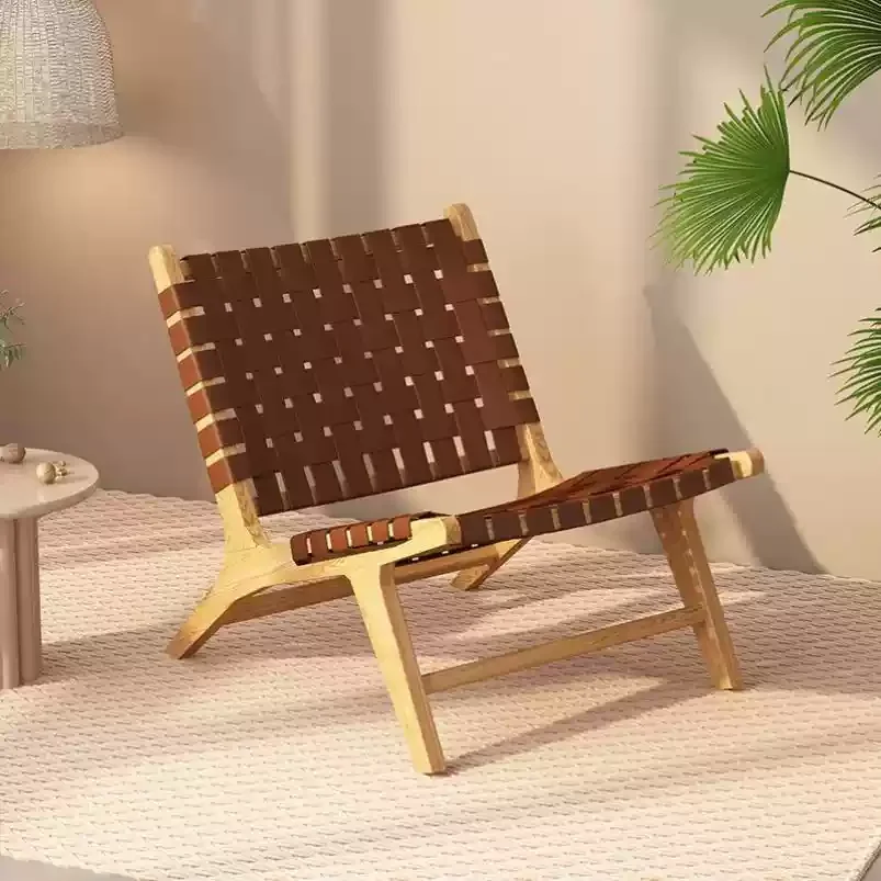 Rope Woven Solid Wood Lounge Chair, Nordic Balcony Leisure Chair, Wabi-Sabi Lazy Armchair for Small Spaces and Bedroom Decor