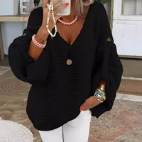 Casual Knitted V Neck Sweater Fall Winter Fashion Button Warm Commuter Jumper Elegant Solid Adjustable Long Sleeve Pullover - Image 4