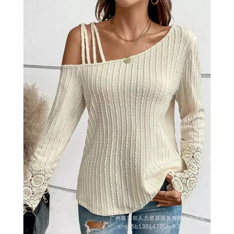 

New Women Lace Stitching Spaghetti Strap Off Shoulder Blouse Autumn Winter Shirt Top Women Long Sleeve Slash Neck Pullover Shirt