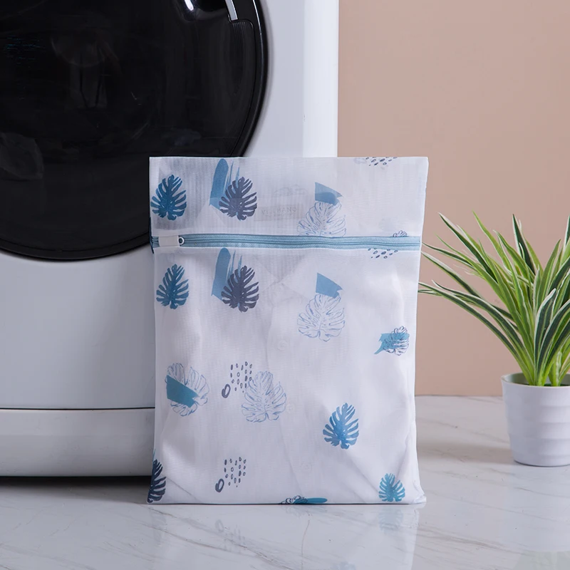 Laundry Bag Print Blue Leafves Dirty Clothes Cleaning Protect Washing Bag Household Clothes Organizer Mesh Zipper Laundry Bags 3