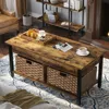 Hidden Storage Compartment and 2 Rattan Baskets, 41.7" Retro Central Table, Rustic Brown, Café Tables 2