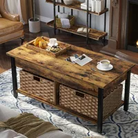 Hidden Storage Compartment and 2 Rattan Baskets, 41.7" Retro Central Table, Rustic Brown, Café Tables 2
