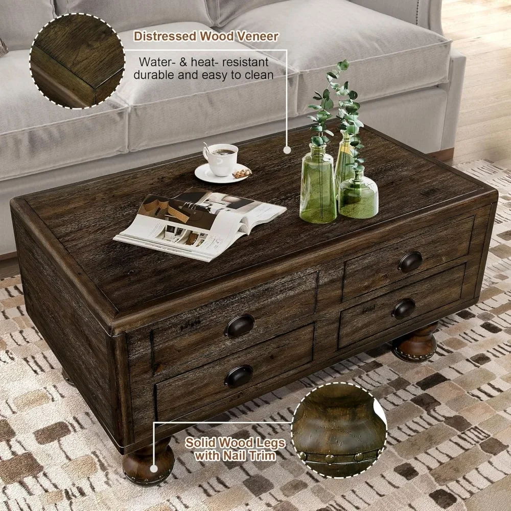 Coffee Table, 40-Inch Cocktail Tables Living Room Center Tables with 4 Storage Drawers, Coffee Table 4