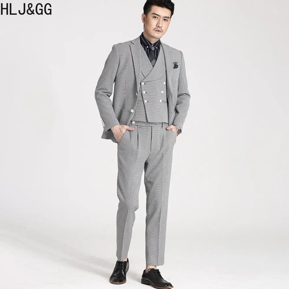 HLJ&GG High Quality Man's Suit Blazer Vest Pants Three Piece Sets Retro British Style Solid Color Slim 3pcs Outfits for Man New