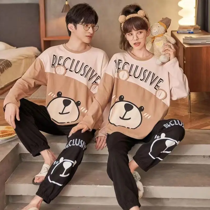 

Full Length Autumn Pijama Set for Lovers Couple Pajamas Bear Printing Cartoon Sleepwear Long Sleeves Nightwear Matching Homewear
