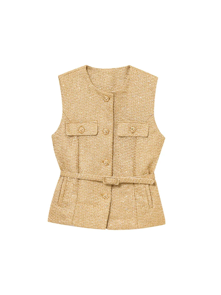 TFMLN New Women Sequin Tweed Vest With Belt Vintage Fashion O Neck Single Breasted 2025 Spring Sleeveless Waistcoat Chic Tops