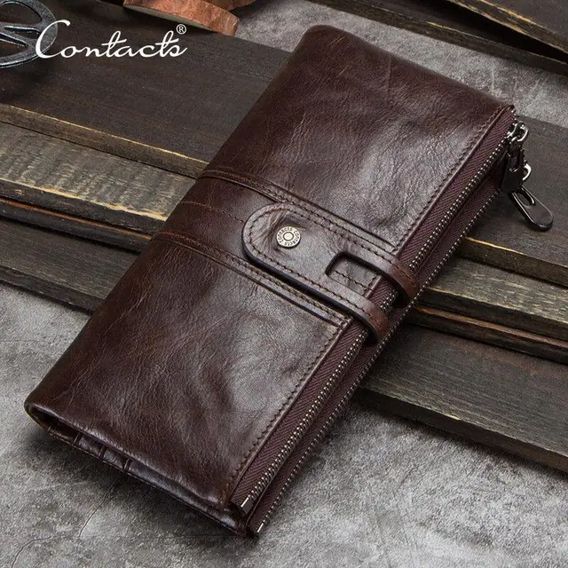 CONTACT'S Men Clutch Wallet Genuine Leather Long Wallet Hasp Card Holder Vintage Male Zipper Coin Purse Money Bag Portemonnee 1