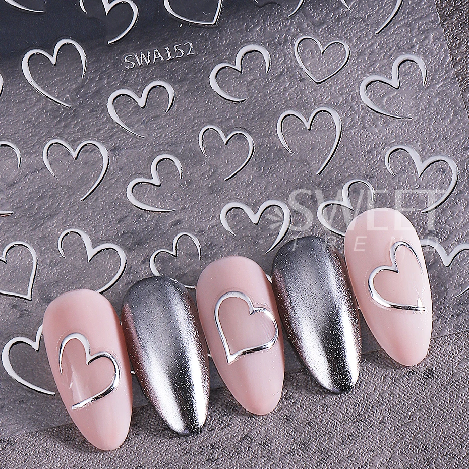 3/4pcs Valentine's Day Nail Art Stickers 3D Bronzing Love Heart Lines Design Adhesive Nail Decals DIY Manicure Decoration Slider