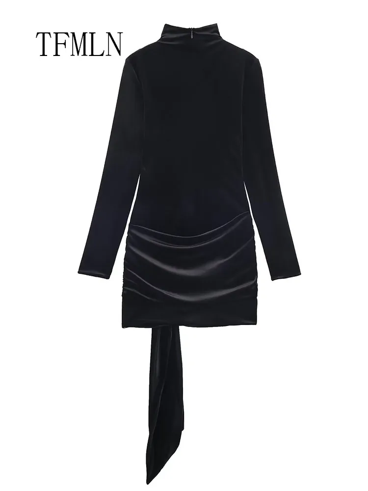 Vintage 2026 Spring Women Velvet Mini Dress With Belt Fashion Half High Collar Slim Party Dresses Causal Chic Date Night Dress