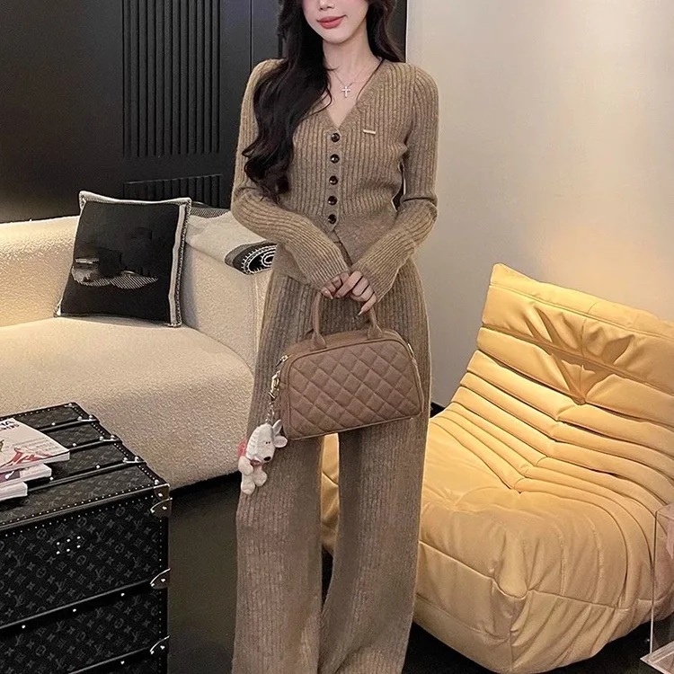 Korean Style Women's Knitted Cardigan Top+pants Set 2024 Spring New V-neck Cardigan+loose Wide Leg Pants Two-piece Set Y2k