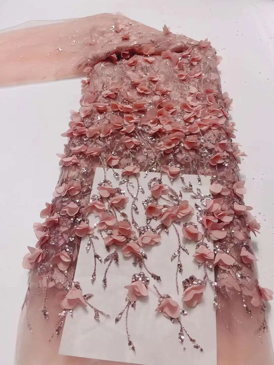 Diamond 3D Flower Tube Bubble Embroidered Glitter Fabric Sequin Lace Wedding Dress Stage Costume Bridal Evening Party Material
