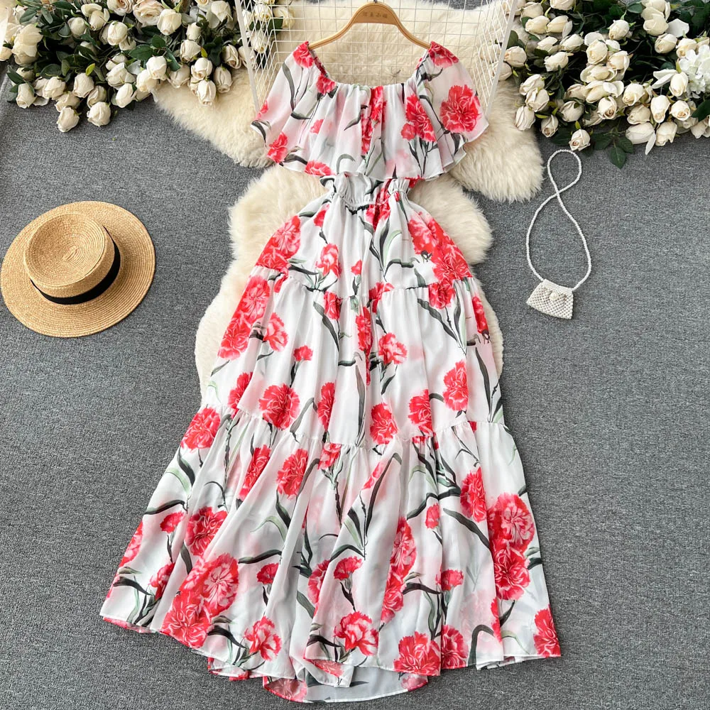 

French Resort Style Design Sense Retro Print One-shoulder Ruffle Hem Knee-length Dress