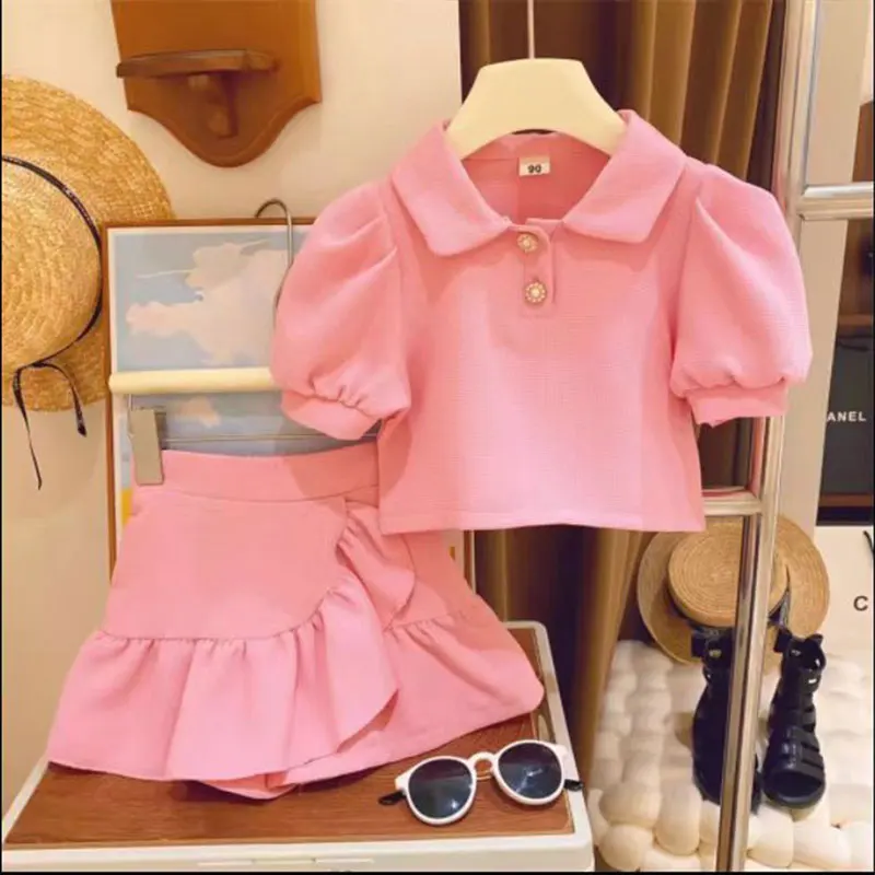 

Elegant Fashion Harajuku Slim Fit Children Clothes Sets Loose Casual All Match Solid Skirt Short Sleeve Dresses Two Piece Set