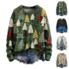 Women 3D Christmas Tree Print Round Neck Knit Pullover Long Sleeve Knitted Sweater Streetwear Sweaters Autumn Winter Casual Top 2