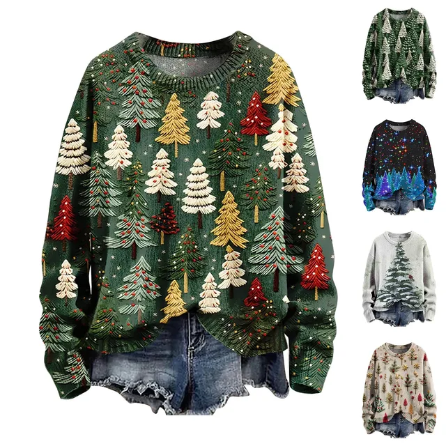 Women 3D Christmas Tree Print Round Neck Knit Pullover Long Sleeve Knitted Sweater Streetwear Sweaters Autumn Winter Casual Top 2
