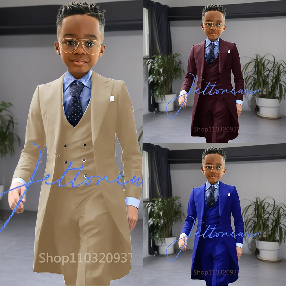 Boys Formal Suit Set Khaki Long Tail Coat 3 Piece Gentleman Boys Suits Fashion Tuxedo For Kids Wedding Prom Jacket Waistcoat with Pant