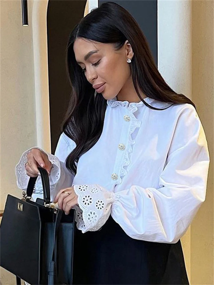 Female Glitter Ruffled Shirts Top Inner Patchwork Long Sleeve Casual Commute Clothes Hollow Out Elegant Women's Blouses