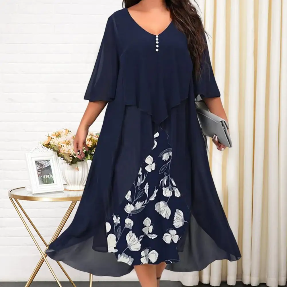 

Women Dress Floral Print Half Sleeves Chiffon Splicing V Neck Long Dress Elegant Loose Waist Swing Large Hem Maxi Dress