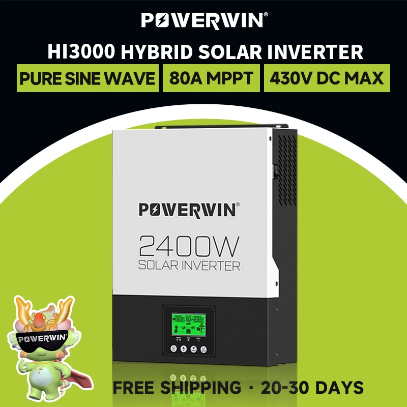 

POWERWIN HI3000 2400W 24V Hybrid Solar Inverter Pure Sine Wave 3000W 80A MPPT Charge Controller Bidirectional Off-grid LCD 12V