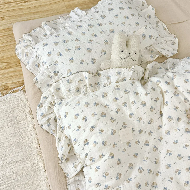 Toddler Bedding Set with Flowers Cotton Muslin Duvet Cover Set Twin Size with Pillow Covers